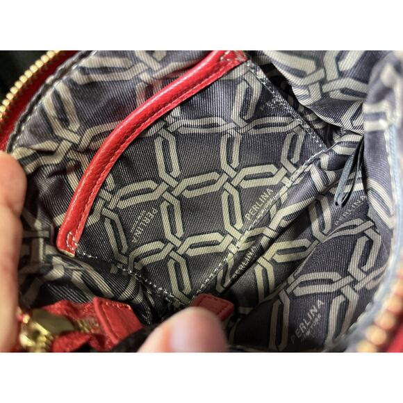 Perlina NY Red Pebbled Leather Small Crossbody Bag Gold Chain Monogram Lining - Picture 12 of 13